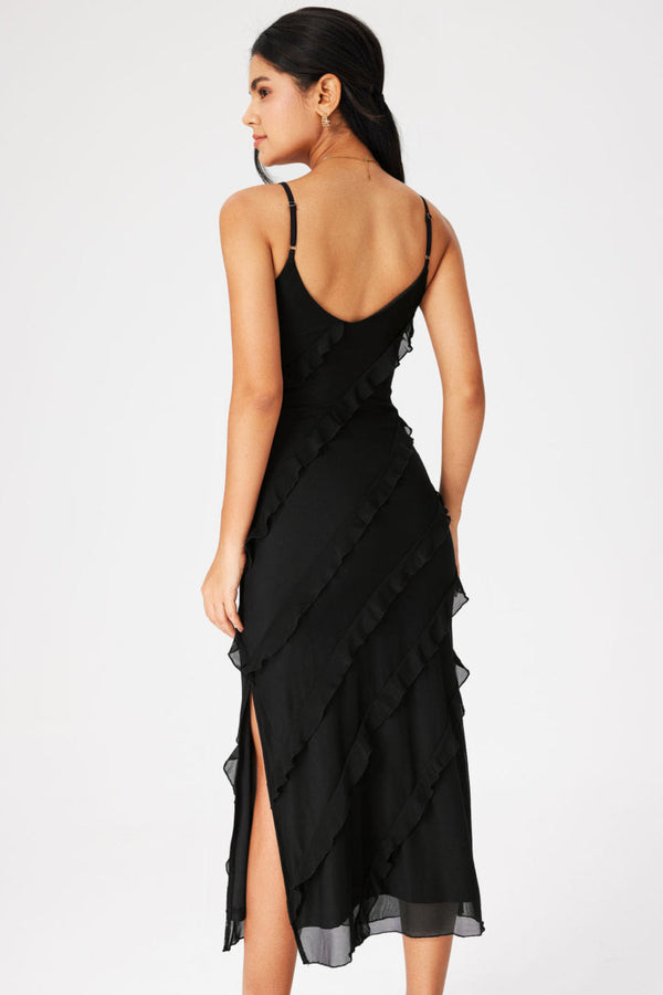 Dä elegante schwarz midi kleid für frauen mit rüschen - vielseitig für abendausgänge mit schlitz