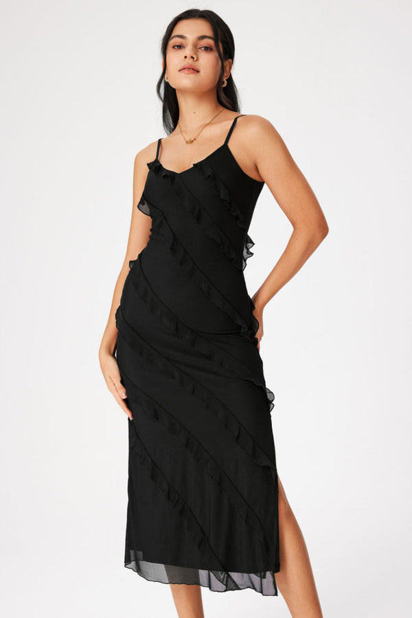 Dä elegante schwarz midi kleid für frauen mit rüschen - vielseitig für abendausgänge mit schlitz