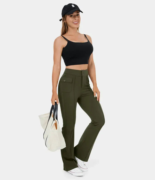Dämme cargo-hosen mit hohem bund und knopf-taschen – stylisch und praktisch für den alltag