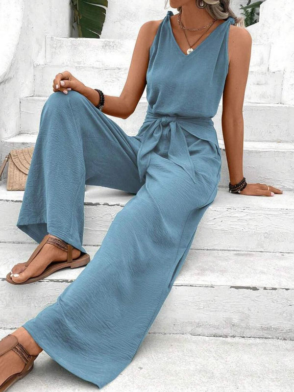 Damen casual jumpsuit - elegante blaue lange hosen für sommerausflüge - leichtes material, schmeichelhaftes design mit knoten vorne