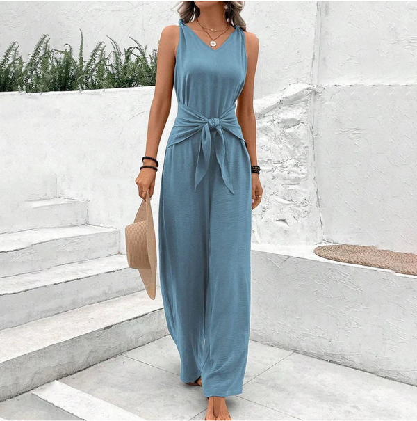 Damen casual jumpsuit - elegante blaue lange hosen für sommerausflüge - leichtes material, schmeichelhaftes design mit knoten vorne