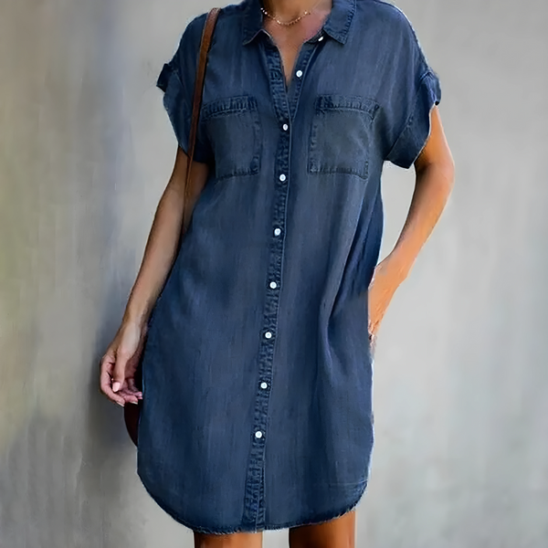 Dä frauen jeanshemd-kleid mit tasche - lässige kurzärmlige tunika für entspannte ausflüge