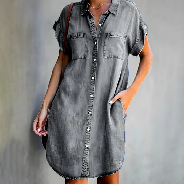 Dä frauen jeanshemd-kleid mit tasche - lässige kurzärmlige tunika für entspannte ausflüge