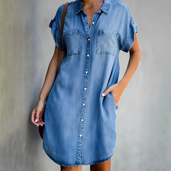Dä frauen jeanshemd-kleid mit tasche - lässige kurzärmlige tunika für entspannte ausflüge