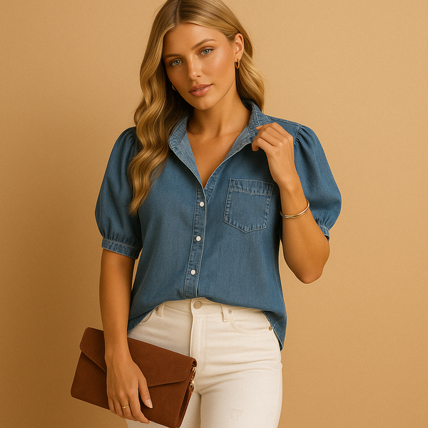Dä elegante damen denim-bluse mit puffärmeln – coole blaue bluse für jeden tag