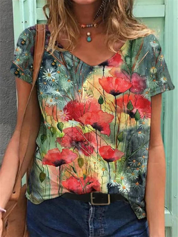 Fraueblüete t-shirt lässiger sommer-oberteil – v-ausschnitt, atmungsaktive stoff