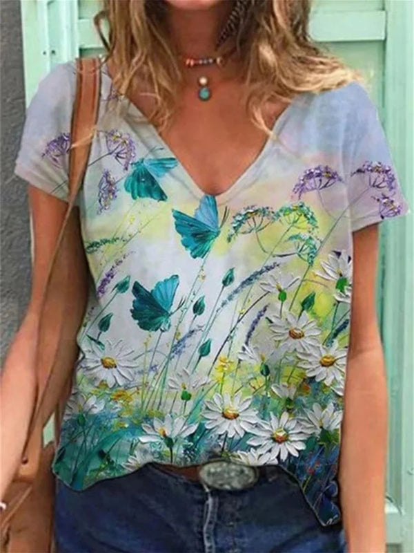 Fraueblüete t-shirt lässiger sommer-oberteil – v-ausschnitt, atmungsaktive stoff