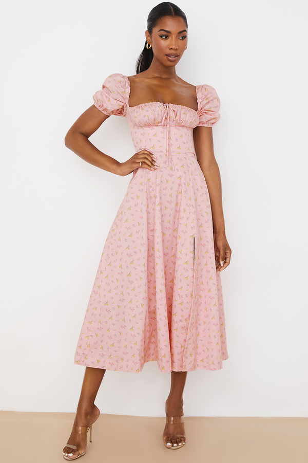 D'midi-dress mit blumenmuster – stilvolles sommer-outfit für gartenpartys mit puffärmel & mieder