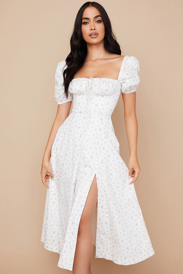 D'midi-dress mit blumenmuster – stilvolles sommer-outfit für gartenpartys mit puffärmel & mieder