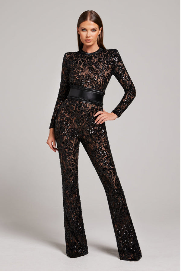 D'hübschi lace jumpsuit für frauen – elegante abendmode mit weit auslaufende hosen und stylische lange ärmel