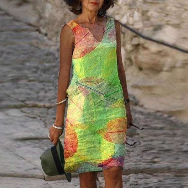 Frauen kleid mit blattmuster - schickes v-ausschnitt ärmelloses kleid für elegante alltagslooks