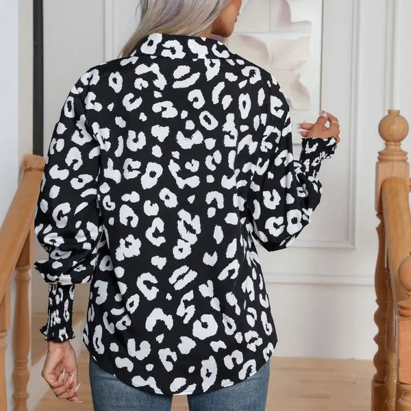 D'leopard-print bluse für frauen – schicke casual tops in elegantem schwarz-weiss mit langen ärmeln
