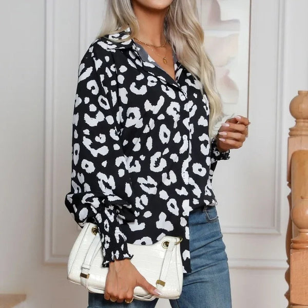 D'leopard-print bluse für frauen – schicke casual tops in elegantem schwarz-weiss mit langen ärmeln