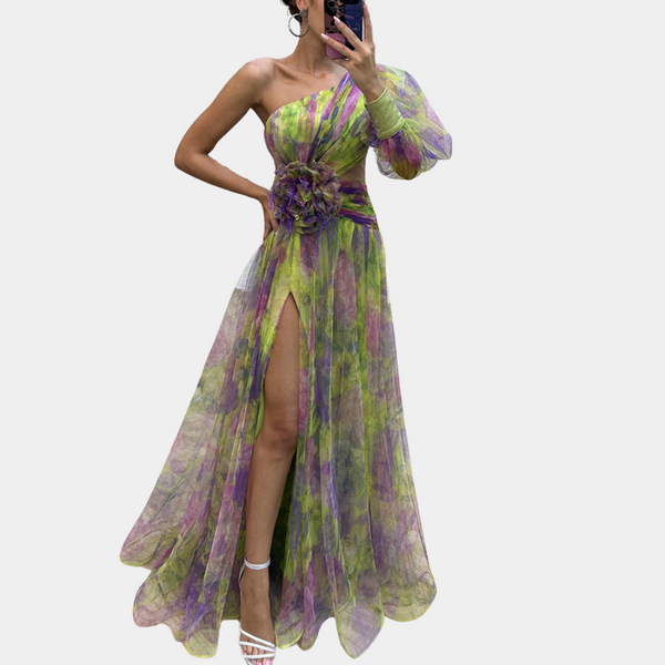 Elegantes maxi-kleid für frauen mit asymmetrischem schnitt in gelb für den abend - leicht fliessender stoff mit hohem schlitz