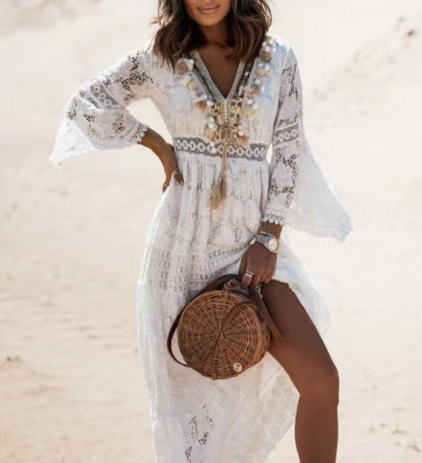 Maxikleid für damen mit eleganten spitzen-details - fließendes bohemian kleid