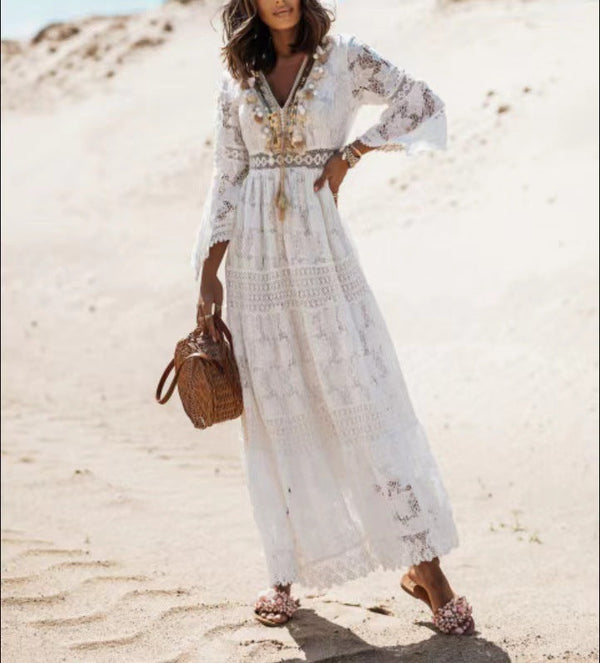 Maxikleid für damen mit eleganten spitzen-details - fließendes bohemian kleid