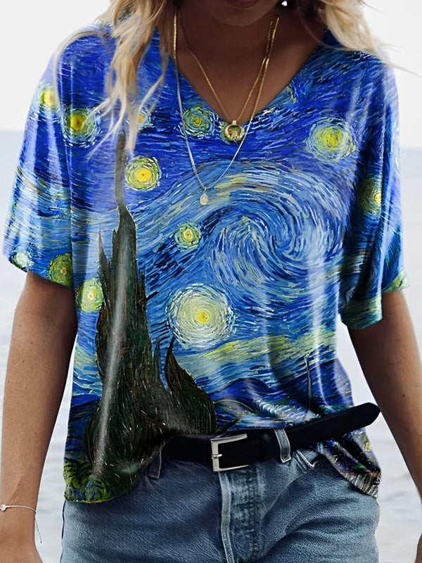 Frauen t-shirt van gogh sternen himmel v-ausschnitt print blau freizeit top - grafik kurzarm tee für den alltag
