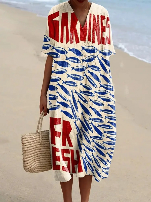 Frauen vintage fischdruck hemdkleider in vielen farben – lässige sommermode für den strand