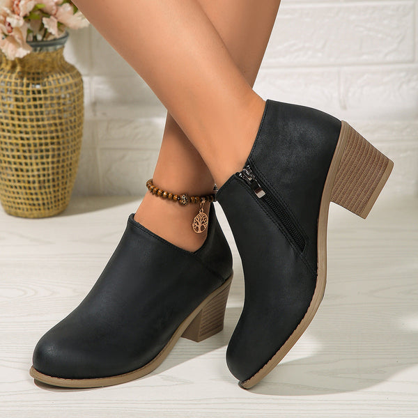 Schwarze Stiefeletten aus Damen bequeme Stiefeletten mit Blockabsatz und Reissverschluss