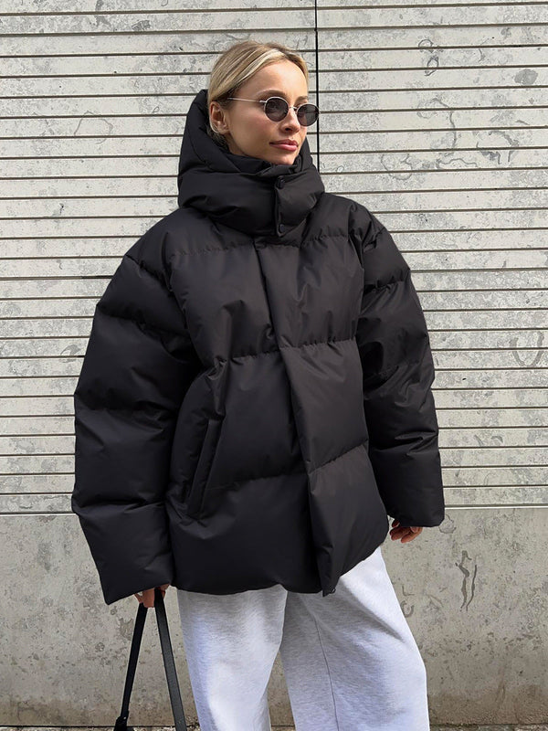 Winterjacke mit abnehmbarer kapuze – warme winddichte damenjacke im oversized design aus baum