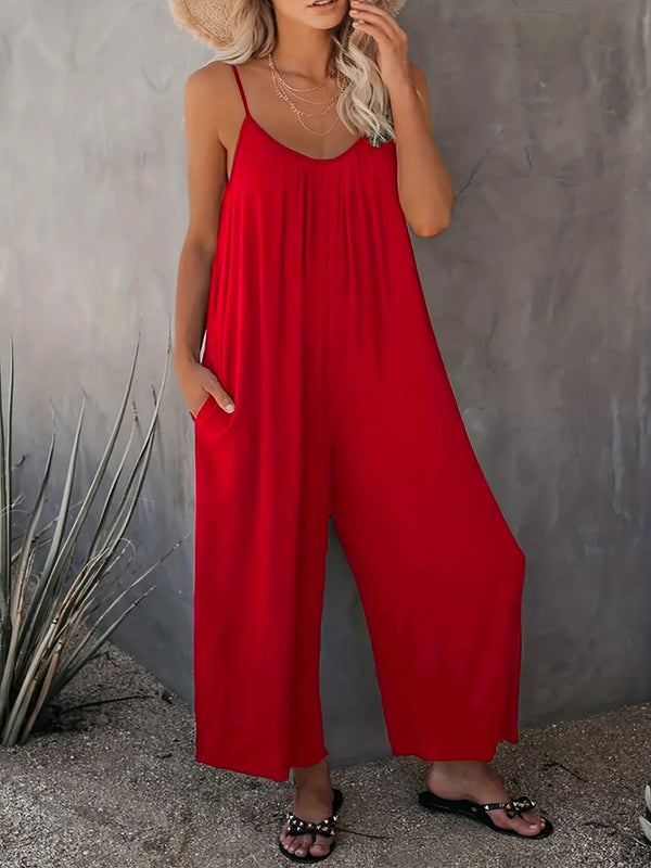 Elegante schwarze damen-jumpsuit mit weitem bein und spaghetti-träger