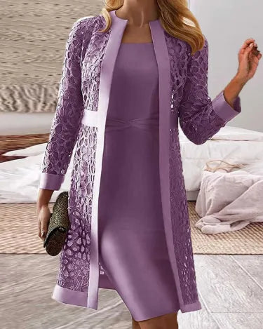 2-teiliger spitzenmantel kleid - stilvolles damen-outfit