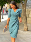 Elegante kleid mit puffärmeln - himmelblaues damenkleid