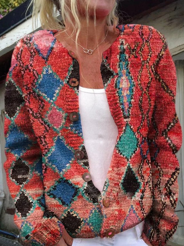 Blumenmuster cardigan - gestrickte damenjacke mit knöpfen