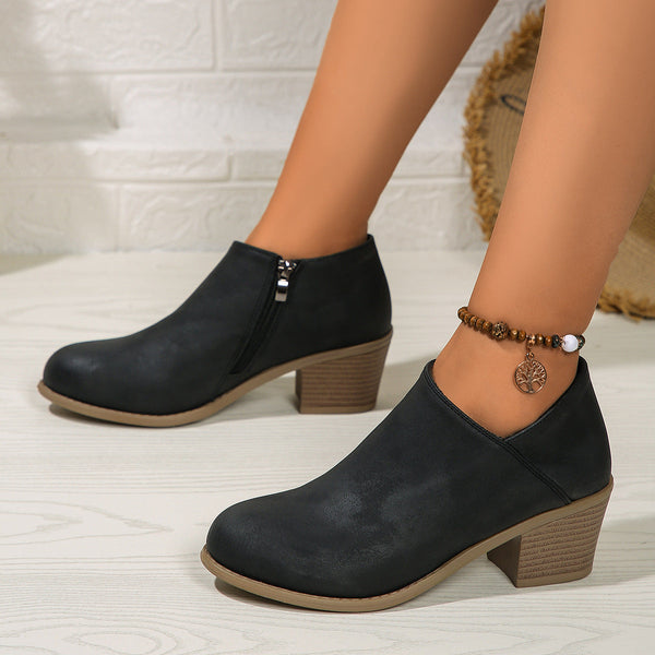 Schwarze Stiefeletten aus Damen bequeme Stiefeletten mit Blockabsatz und Reissverschluss
