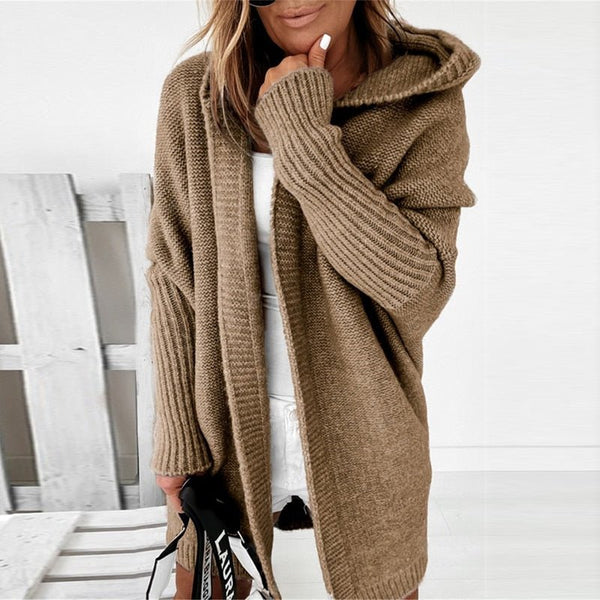 Lange Strickjacke – Damenjacke mit Kapuze und lockerer Passform