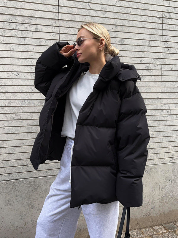 Winterjacke mit abnehmbarer kapuze – warme winddichte damenjacke im oversized design aus baum