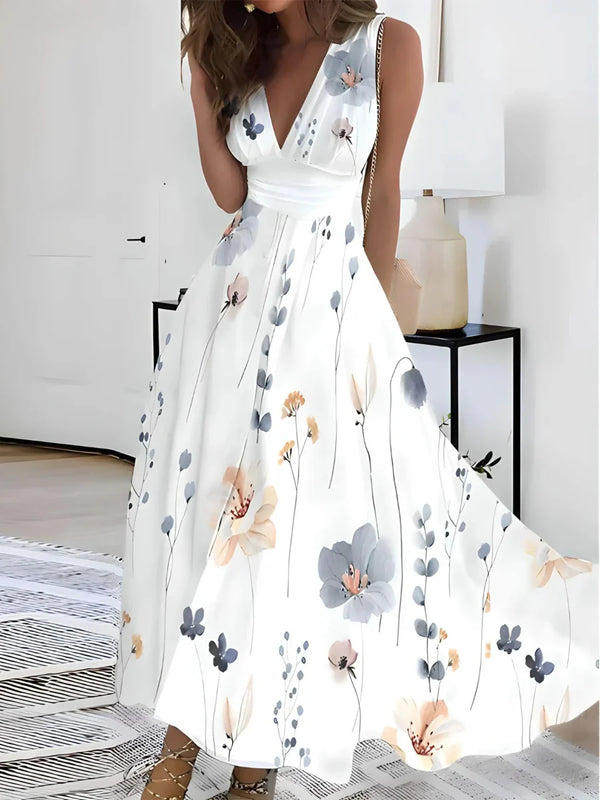 Floral maxi-kleid - elegantes v-ausschnitt blümchenkleid für damen