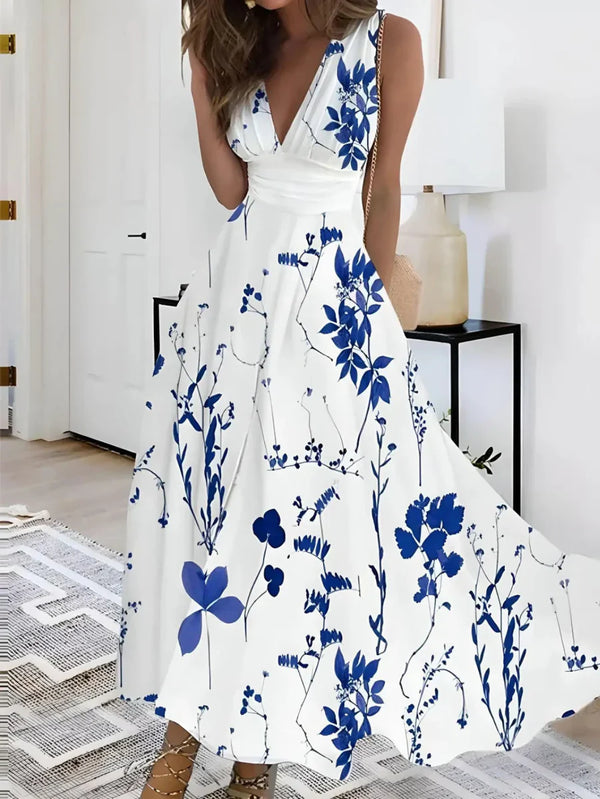 Floral maxi-kleid - elegantes v-ausschnitt blümchenkleid für damen