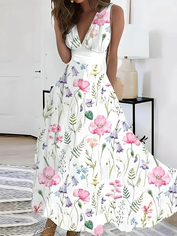 Floral maxi-kleid - elegantes v-ausschnitt blümchenkleid für damen