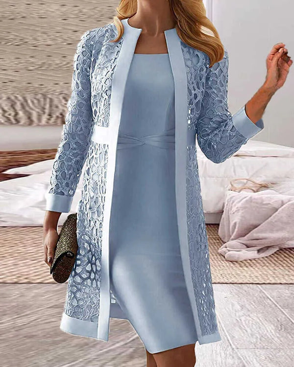 2-teiliger spitzenmantel kleid - stilvolles damen-outfit