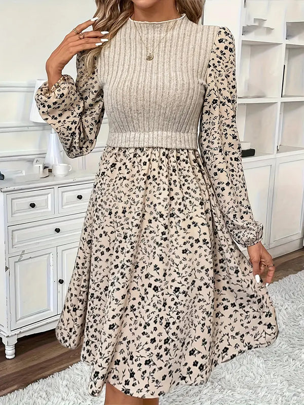 Floral kleid - schickes apricot damenkleid mit geripptem oberteil