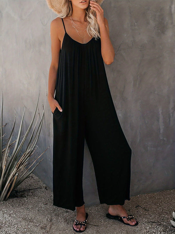 Elegante schwarze damen-jumpsuit mit weitem bein und spaghetti-träger