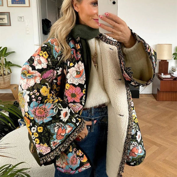 Retro-jacke mit weiten ärmeln – künstlerisch bedruckte damenjacke aus baum