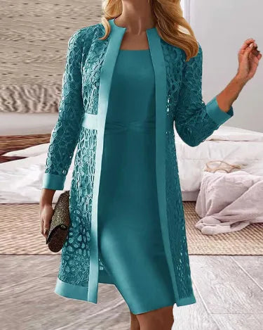 2-teiliger spitzenmantel kleid - stilvolles damen-outfit