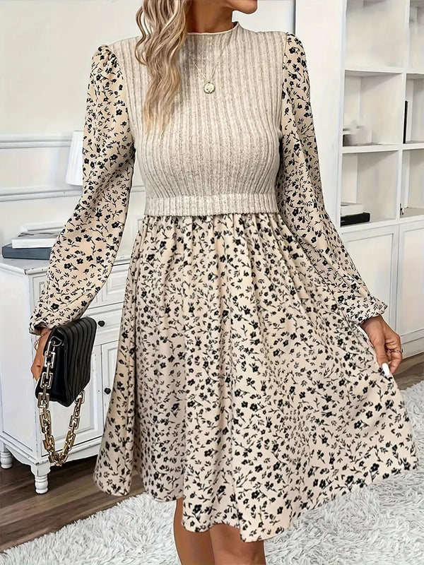Floral kleid - schickes apricot damenkleid mit geripptem oberteil
