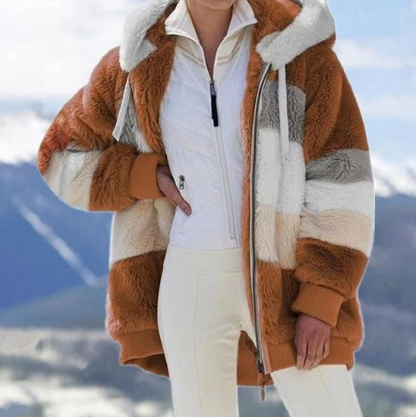 Oversize sherpa jacke für damen – gestreifte winterjacke mit reißverschluss