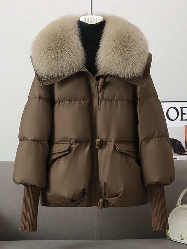 Damen oversized Daunenjacke - luxuriöser plüschiger Pelzkragen und warme gefütterte Jacke