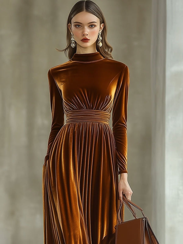 Maxi kleid - elegantes karamellfarbenes langarmkleid für frauen