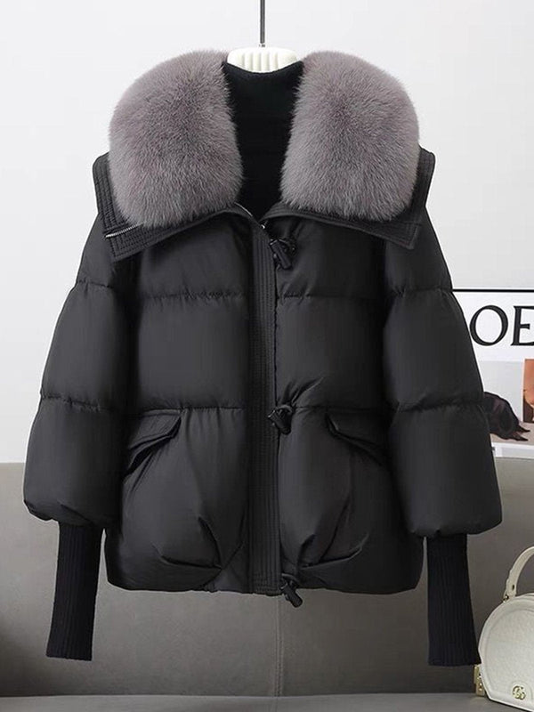 Damen oversized Daunenjacke - luxuriöser plüschiger Pelzkragen und warme gefütterte Jacke