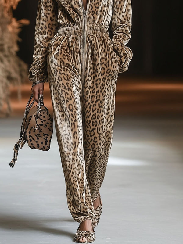 Leopardenmuster samt trainingsanzug - luxuriöse loungewear für frauen