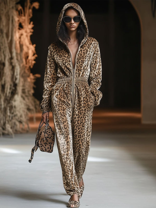 Leopardenmuster samt trainingsanzug - luxuriöse loungewear für frauen