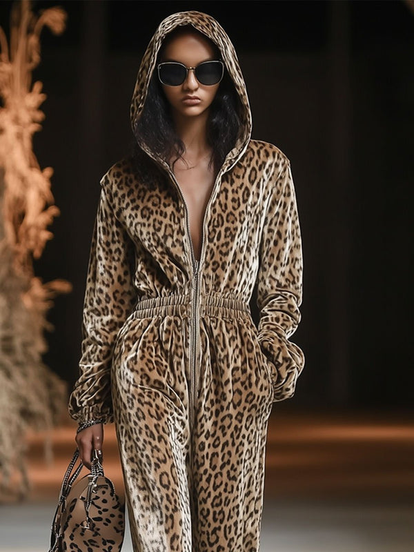 Leopardenmuster samt trainingsanzug - luxuriöse loungewear für frauen