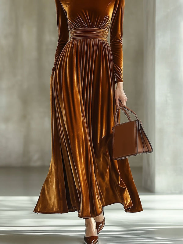 Maxi kleid - elegantes karamellfarbenes langarmkleid für frauen