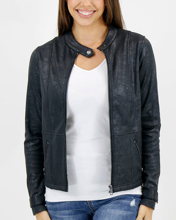 Schwarze Damen-Bikerjacke – Kunstjacke mit Reissverschluss und Taschen