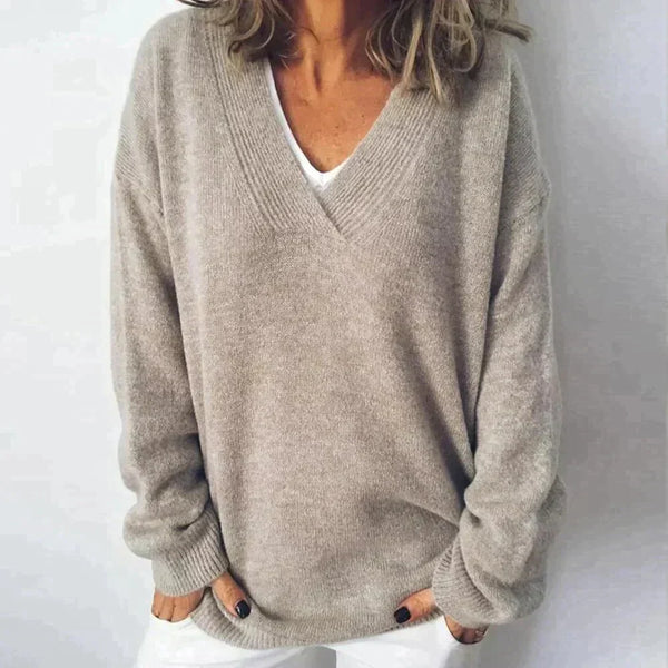 V-Ausschnitt Pullover – brauner gestrickter Damenpullover